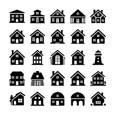 Farklı mimari tarzları ve tipleri temsil eden çeşitli ev ve yapı simgelerinin toplanması, beyaz arka planda izole edilmiş