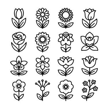 Beyaz arkaplanda izole edilmiş basit çizgi çizgisi çiçek simgeleri