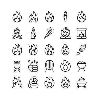 Beyaz arka planda izole edilmiş çeşitli ateş, meşale ve ısı kaynaklarını tasvir eden ateş ve alev simgeleri.