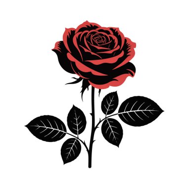 Saplı ve yapraklı kırmızı gül çiçeği, vektör illüstrasyonu