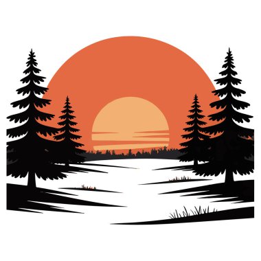 Çam ağaçlarıyla gün batımı manzarası, sakin bir doğa manzarası.