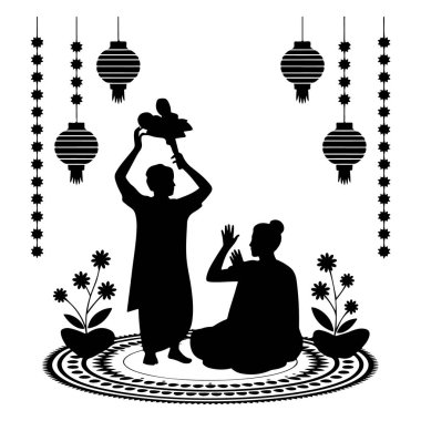 Fenerleri ve süslemeleri olan bir Hindu düğün silueti.