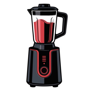Kırmızı smoothie ile dolu cam kavanozlu parlak siyah ve kırmızı bir blender.