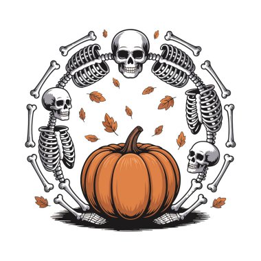 Cadılar Bayramı balkabağı iskeletler ve kemiklerle çevrili