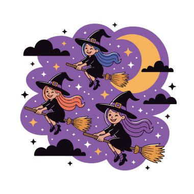 Gece gökyüzünde süpürgelerin üzerinde uçan üç sevimli cadı.