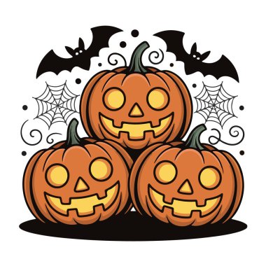 Yarasalı ve örümcek ağlı Cadılar Bayramı balkabakları yığını. Ürkütücü sezon.