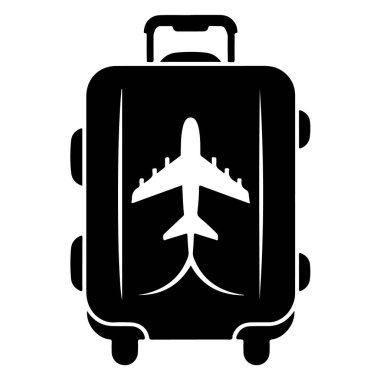 Seyahat, tatil ve turizm için bir uçak ikonu içeren siyah bavul