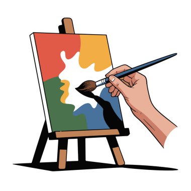 Bir tuval üzerinde boya fırçası tutan el.