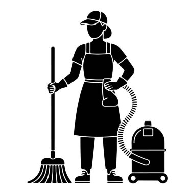 Süpürge ve süpürgeyle temizlikçi kadın, servis konsepti.