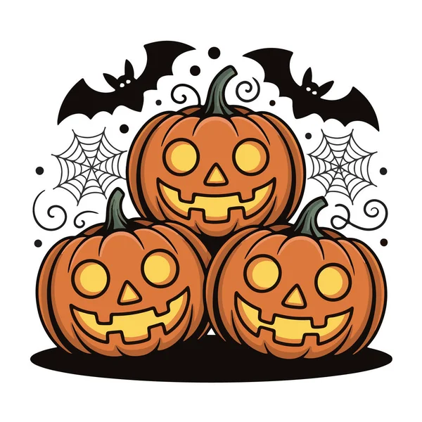 Yarasalı ve örümcek ağlı Cadılar Bayramı balkabakları yığını. Ürkütücü sezon.