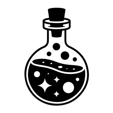 Beyaz arka planda izole edilmiş, köpüklü sıvı ve gizemli kabarcıklarla dolu sihirli bir iksir şişesi. Fantezi temaları ve simya tasarımları için ideal.