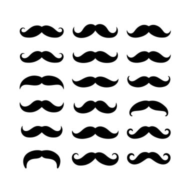 Beyaz arkaplanda siyah bıyıklı siluetler koleksiyonu, herhangi bir tasarım projesine ya da yaratıcı çabaya stil ve erkeklik katmak için mükemmel..