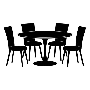 Gösterişli ve modern bir yemek odası. Yuvarlak bir masa ve dört sandalye. Beyaz arka planda izole edilmiş şık ve rahat bir yemek için mükemmel..