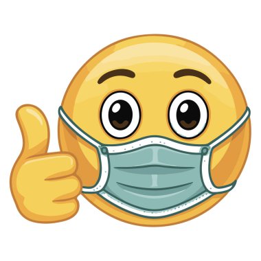 Tıbbi maske takan ve onay veren neşeli bir emoji. Koronavirüs salgını sırasında güvenliği ve pozitifliği simgeliyor. Beyaz arkaplanda izole.