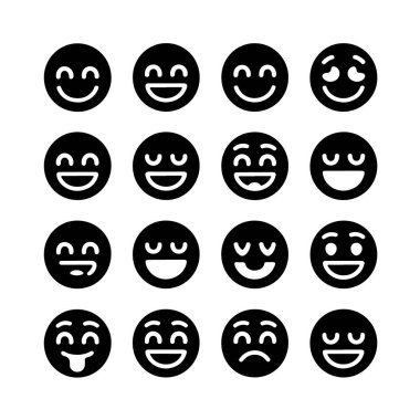 Beyaz arka planda izole edilmiş, sosyal medya için mükemmel olan 16 siyah emojiden oluşan bir koleksiyon. Bu vektör simgeleri duyguları çevrimiçi ifade etmek için harikadır.