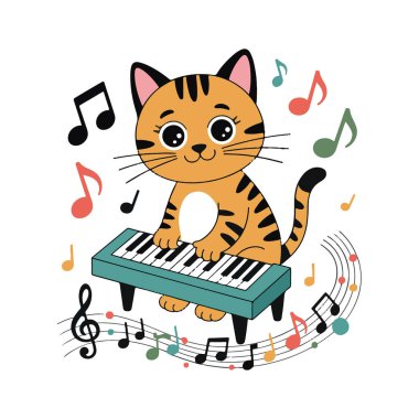 Müzik notalarıyla klavye çalan sevimli çizgi film kaplan kedisi beyaz arka plan teknolojisine izole edilmiş.