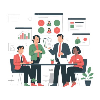 Ekran teknolojisi arka planında grafikler ve grafiklerle iş toplantısı