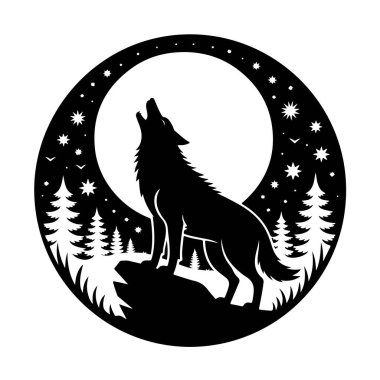 Ormandaki aya uluyan bir kurdun silueti beyaz arka planda izole edilmiş.