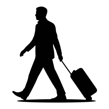Seyahat ve iş gezisini temsil eden, beyaz arka planda izole edilmiş, yürüyen ve bavulu çeken bir adamın silüeti.