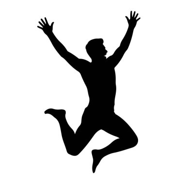 Beyaz arka planda izole edilmiş, başarıyı ve başarıyı temsil eden neşeyle atlayan bir adamın silüeti.