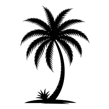 Beyaz arka planda izole edilmiş tropik bir palmiye ağacı silueti, bir cennet hissi uyandırıyor.