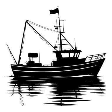 Beyaz arka planda izole edilmiş bir balıkçı teknesinin siyah silueti, vektör illüstrasyonu