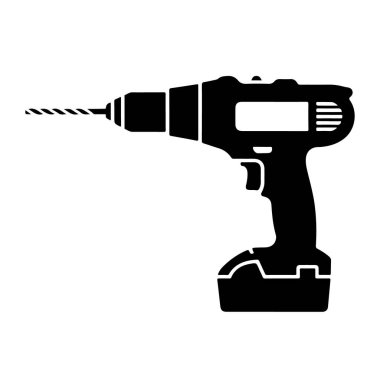 İnşaat işi için beyaz zemin üzerine izole edilmiş kablosuz matkabın siyah silueti