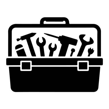 Çeşitli araçlarla dolu beyaz arkaplanda izole edilmiş bir araç kutusunun siyah silueti