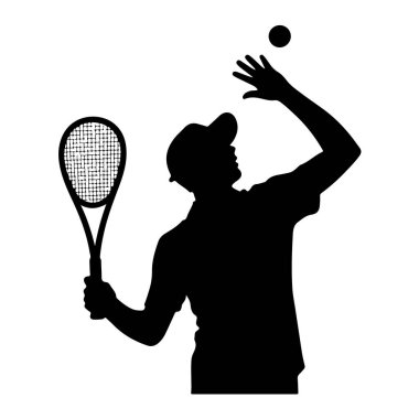 Beyaz arka planda izole edilmiş, atletik yeteneklerini sergileyen bir tenis oyuncusunun silüeti.