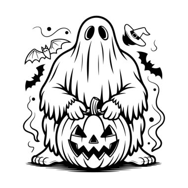 Çizgi film hayaleti beyaz arka planda yarasalar ve cadı şapkasıyla Jackolantern tutuyor.