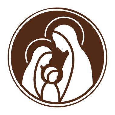 Meryem, Joseph ve bebek İsa 'yı beyaz arka planda izole edilmiş bir çemberde tasvir eden doğum sahnesi.