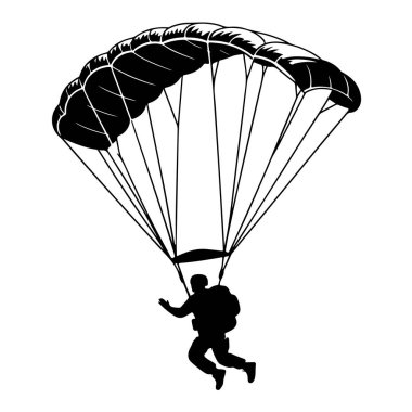 Beyaz arkaplanda paraşütü olan bir paraşütçünün silueti
