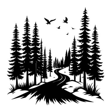 Beyaz arka planda kuşların uçtuğu dolambaçlı bir yolun siyah silüeti.