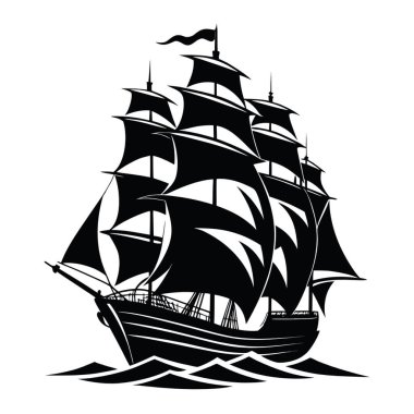 Dalgalı sularda yüzen, beyaz arka planda izole, görkemli uzun bir geminin siyah silueti.