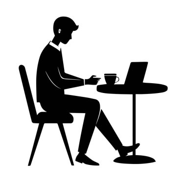 Masada dizüstü bilgisayarı ve kahve fincanı olan beyaz arka planda izole edilmiş bir adamın silueti.