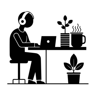 Kulaklık takan bir kişinin silueti ve beyaz arka planda izole edilmiş bitki ve sıcak içeceklerle dolu bir masada dizüstü bilgisayar üzerinde çalışması.