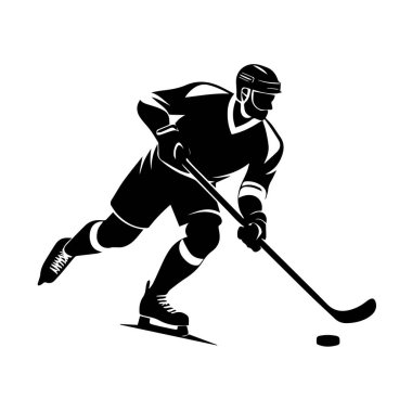 Bir hokey oyuncusunun silueti sopa ve diskle kayıyor, beyaz arka planda izole edilmiş.