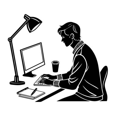 Masasında lamba ve kahve fincanıyla çalışan beyaz arka planda izole edilmiş bir adam.