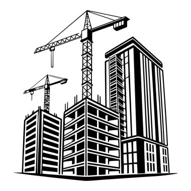 Beyaz arka planda izole edilmiş vinçleri ve binaları olan inşaat alanı