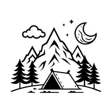 Minimalist siyah-beyaz çizgili, hilal ay ve bulutlu yıldızlı gece gökyüzünün altında çadır ve dağları olan bir kamp alanının sanat tasviri.