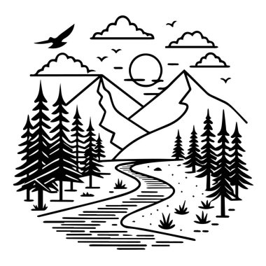 Minimalist çizgiler, sarmal bir nehir, çam ağaçları ve gökyüzünde süzülen bir kuşun bulunduğu sakin bir dağ manzarasının resimlerini çiziyor.