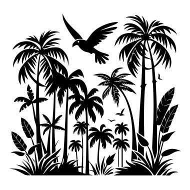Bereketli bir tropikal orman sahnesinin silueti palmiye ağaçları ve uçan bir kuş, beyaz arka planda izole edilmiş.
