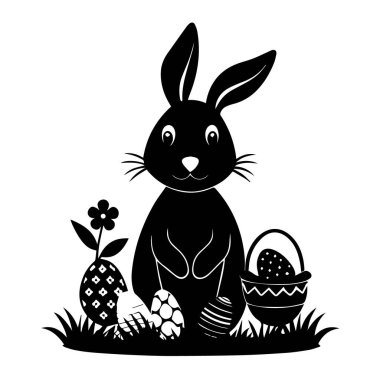 Süslü yumurta ve çiçekli siyah bir tavşan silueti, beyaz arka planda izole edilmiş.