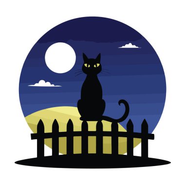 Dolunay ve yıldızlı gökyüzü ve cadılar bayramı temalı bir gece çitin üzerinde oturan siyah bir kedinin silüeti.