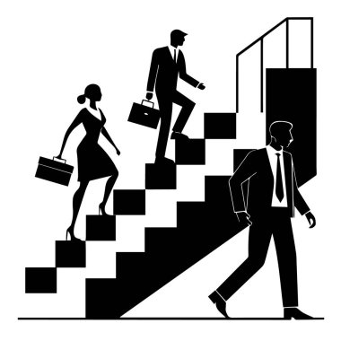 İş adamlarının siluetleri beyaz arka planda izole edilmiş kariyer ilerlemesini ve başarıyı temsil eden merdivenleri tırmanıyor.