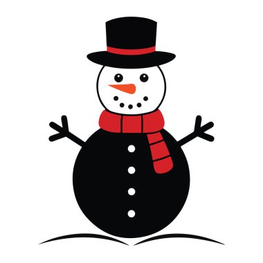 Siyah şapkalı, kırmızı eşarplı, beyaz arka planda izole bir kardan adam.