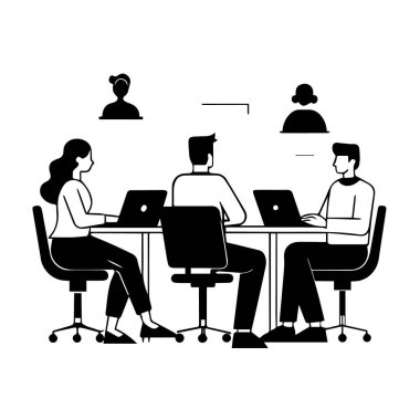 Modern ofis toplantı odasında dizüstü bilgisayarlarda birlikte çalışan iş adamları, işbirliği konsepti, beyaz arka planda izole edilmiş.