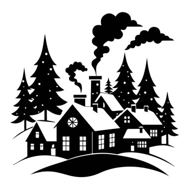 Tüten bacaları ve yemyeşil ağaçları olan karlı bir köyün silueti, sıcacık bir kış atmosferini çağrıştırıyor.