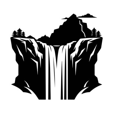 Görkemli bir şelalenin siyah ve beyaz silueti, arka planda çam ağaçları ve dağlar olan bir uçurumun kenarından dökülüyor, beyaz arka planda izole edilmiş.