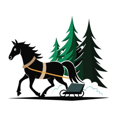 Siyah at, çam ağaçlarıyla karda kızak çekiyor, neşeli kış manzarası